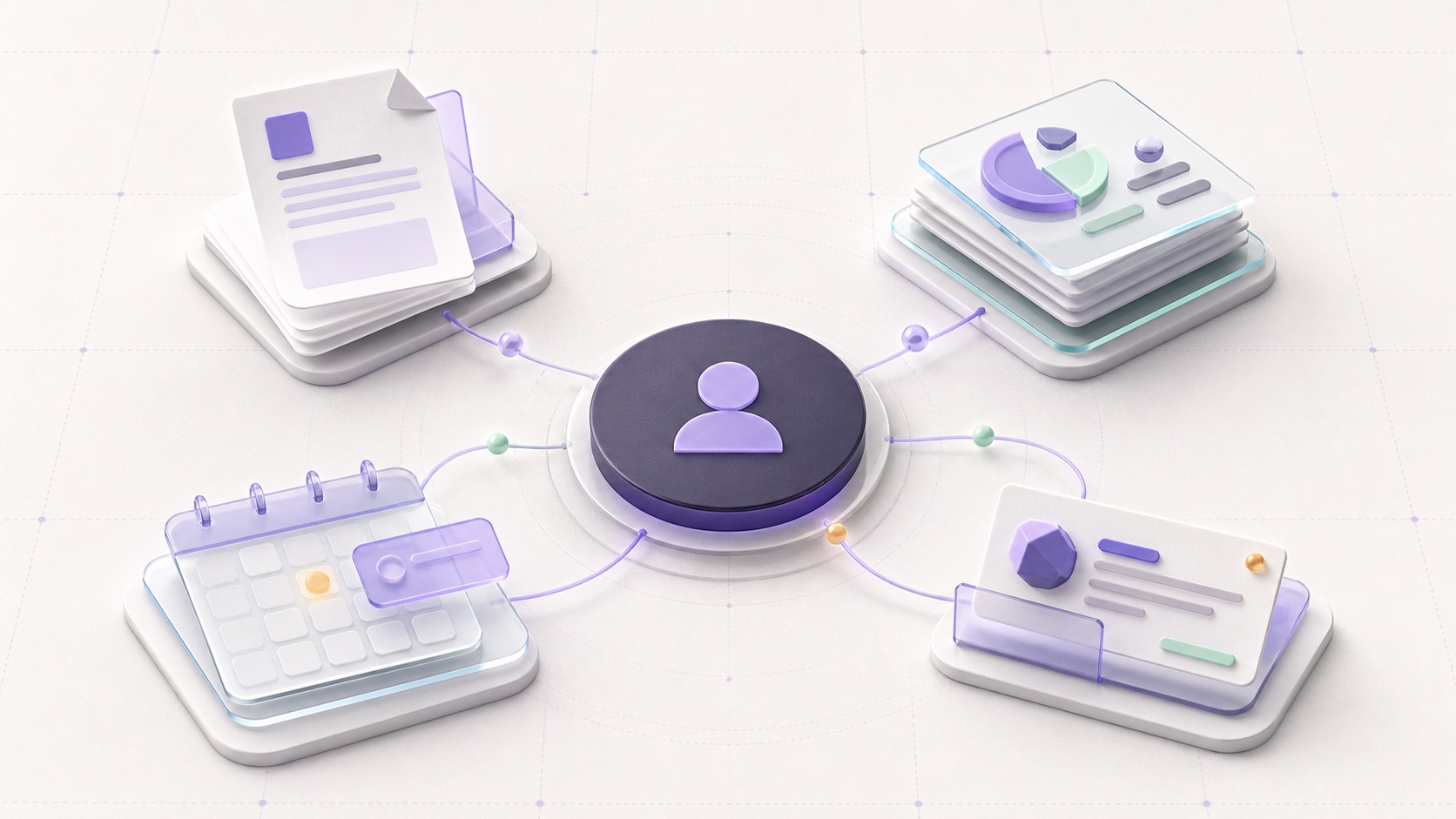 Prepared work modules arranged around a central human decision point